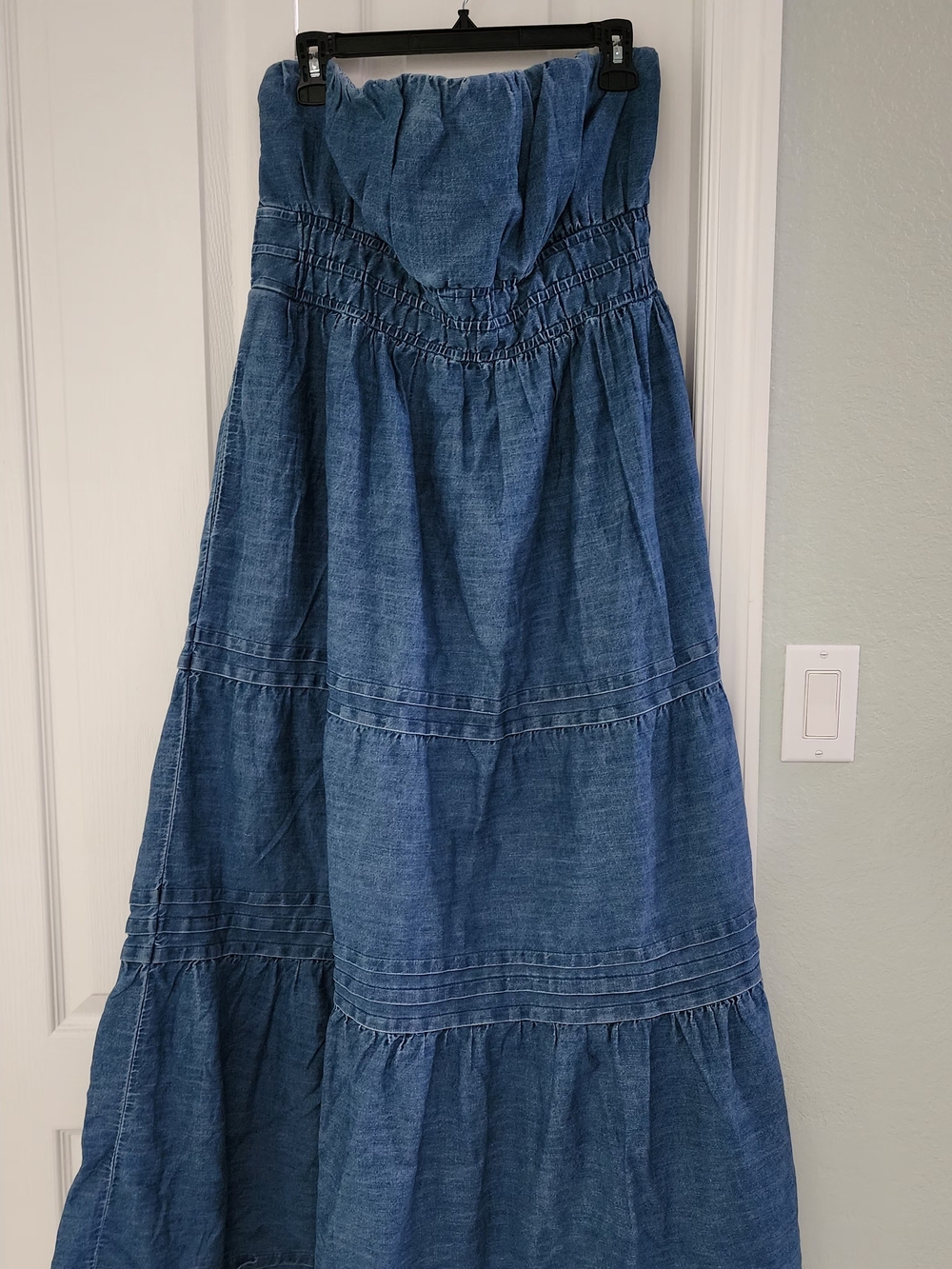 Anthropologie Blue Strapless Tiered Denim-Style Maxi Dress